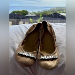 Cole Haan, gold+tan ballet flats, elastic rim,bedazzled stones design, size10